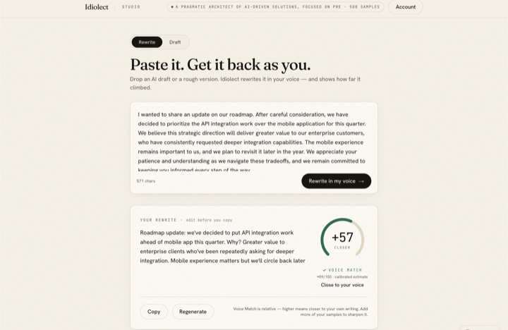The Idiolect Studio rewriting a generic draft in the author's voice, scored +57 closer on the Voice Match meter